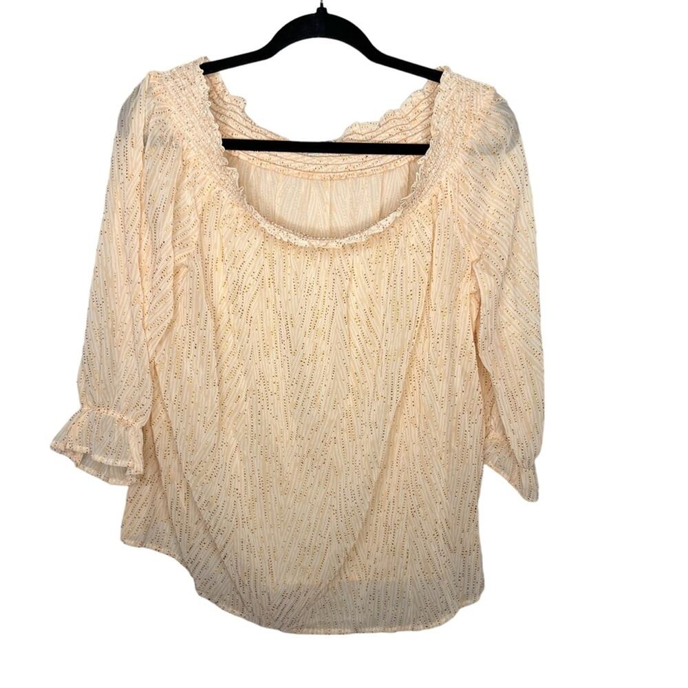 NEW YORK & CO / peach gold shimmer off the shoulder sheer blouse / XL